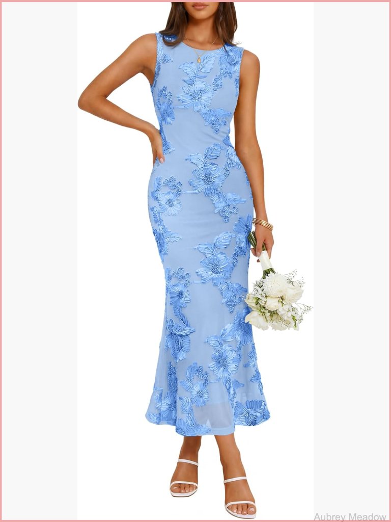 Floral Bodycon Midi Dress With Mesh And Back Slit For Wedding Guest, Cocktail,
